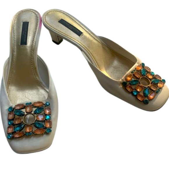 Louis Vuitton Vintage Kitten Heel Satin Jeweled Mules -Adorable. Flaw - Picture 1 of 13